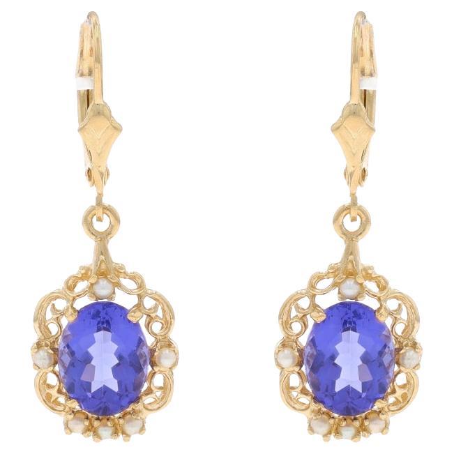 Yellow Gold Tanzanite Cultured Pearl Dangle Earrings - 14k Oval 4.16ctw Pierced