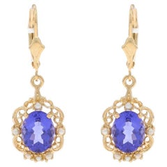 Pendants d'oreilles en or jaune avec tanzanite et perle de culture - 14 carats, ovale, perlée 4,16 carats