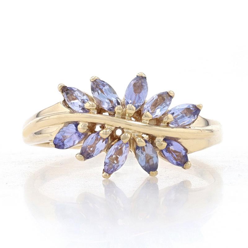 Size: 8 1/4
Sizing Fee:  Up or Down 2 sizes for $35

Metal Content: 10k Yellow Gold

Stone Information

Natural Tanzanites
Treatment: Routinely Enhanced
Carat(s): .70ctw
Cut: Marquise
Color: Purple

Total Carats: .70ctw

Style: Cluster