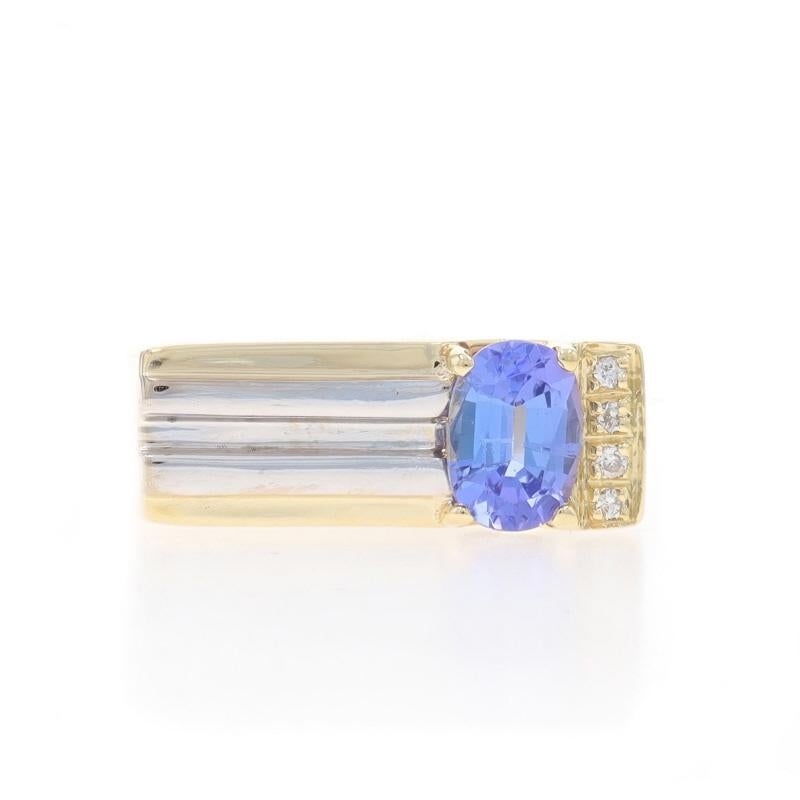 Size: 7 1/4
Sizing Fee: Up 1/2 a size for $40 or Down 1/2 a size for $30

Metal Content: 14k Yellow Gold & 14k White Gold

Stone Information

Natural Tanzanite
Treatment: Routinely Enhanced
Carat(s): .89ct
Cut: Oval
Color: Purple

Natural