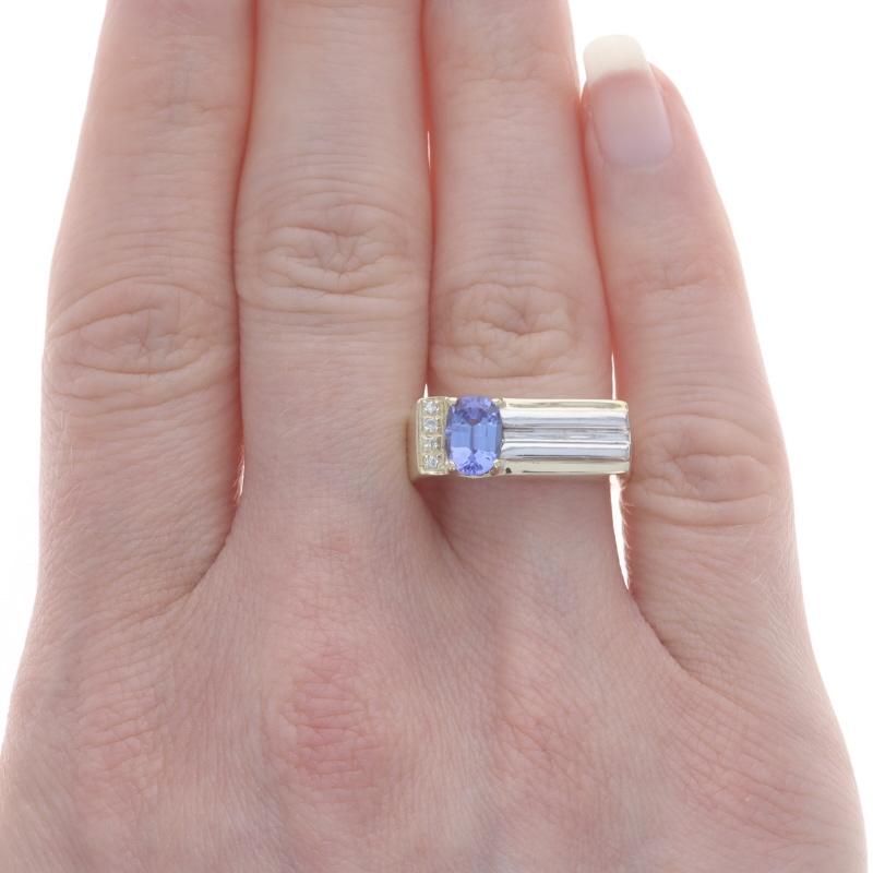 Oval Cut Yellow Gold Tanzanite & Diamond Band - 14k Oval .93ctw Squared Shank Ring For Sale