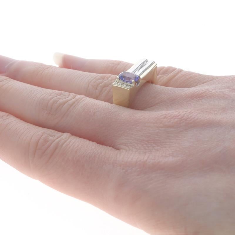 Yellow Gold Tanzanite & Diamond Band - 14k Oval .93ctw Squared Shank Ring In Excellent Condition For Sale In Greensboro, NC