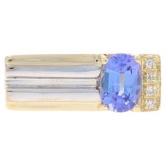 Yellow Gold Tanzanite & Diamond Band - 14k Oval .93ctw Squared Shank Ring