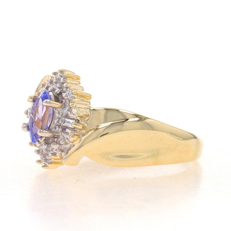 Marquise Cut Yellow Gold Tanzanite & Diamond Bypass Ring - 10k Marquise .23ctw Halo-Inspired For Sale