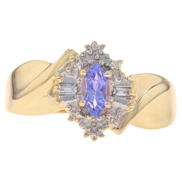 Yellow Gold Tanzanite & Diamond Bypass Ring - 10k Marquise .23ctw Halo-Inspired For Sale