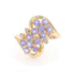 Yellow Gold Tanzanite Diamond Cluster Cocktail Bypass Ring - 14k Round .88ctw
