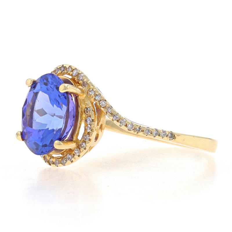 Oval Cut Yellow Gold Tanzanite & Diamond Halo Bypass Ring - 14k Oval 3.20ctw For Sale