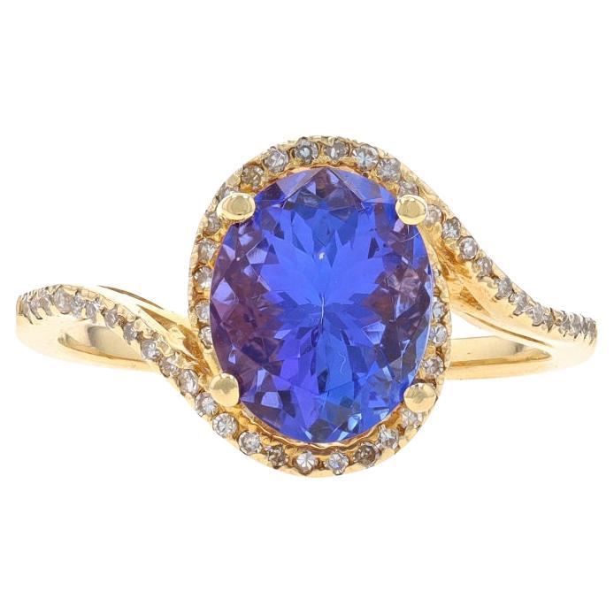 Yellow Gold Tanzanite & Diamond Halo Bypass Ring - 14k Oval 3.20ctw