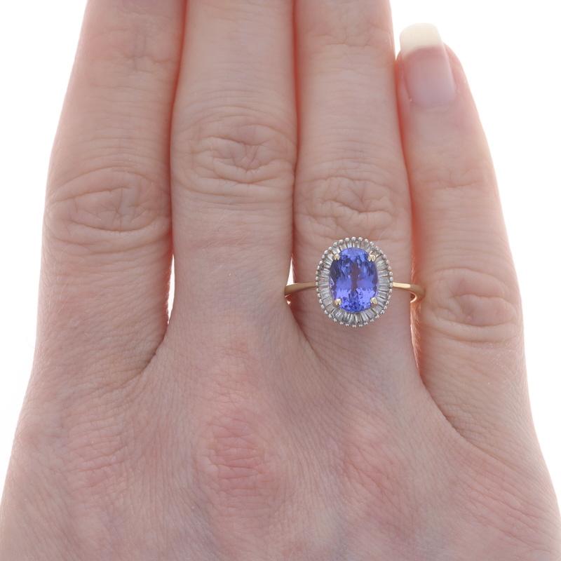 Oval Cut Yellow Gold Tanzanite & Diamond Halo Ring - 10k Oval 2.01ctw For Sale