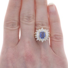 Yellow Gold Tanzanite & Diamond Halo Ring - 14k Emerald Cut 3.09ctw Floral