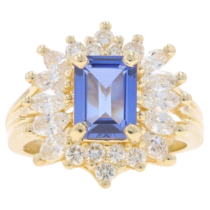 Yellow Gold Tanzanite & Diamond Halo Ring - 14k Emerald Cut 3.09ctw Floral For Sale