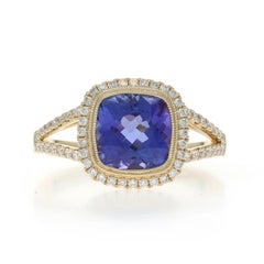 Yellow Gold Tanzanite Diamond Halo Ring - 14k Square Cushion .32ctw Milgrain