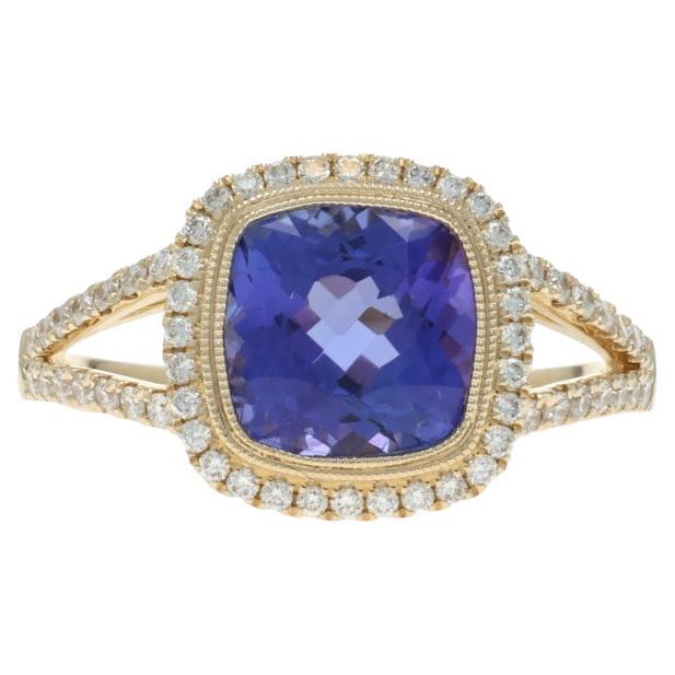 Gelbgold Tansanit Diamant Halo Ring - 14k Square Cushion .32ctw Milgrain im Angebot