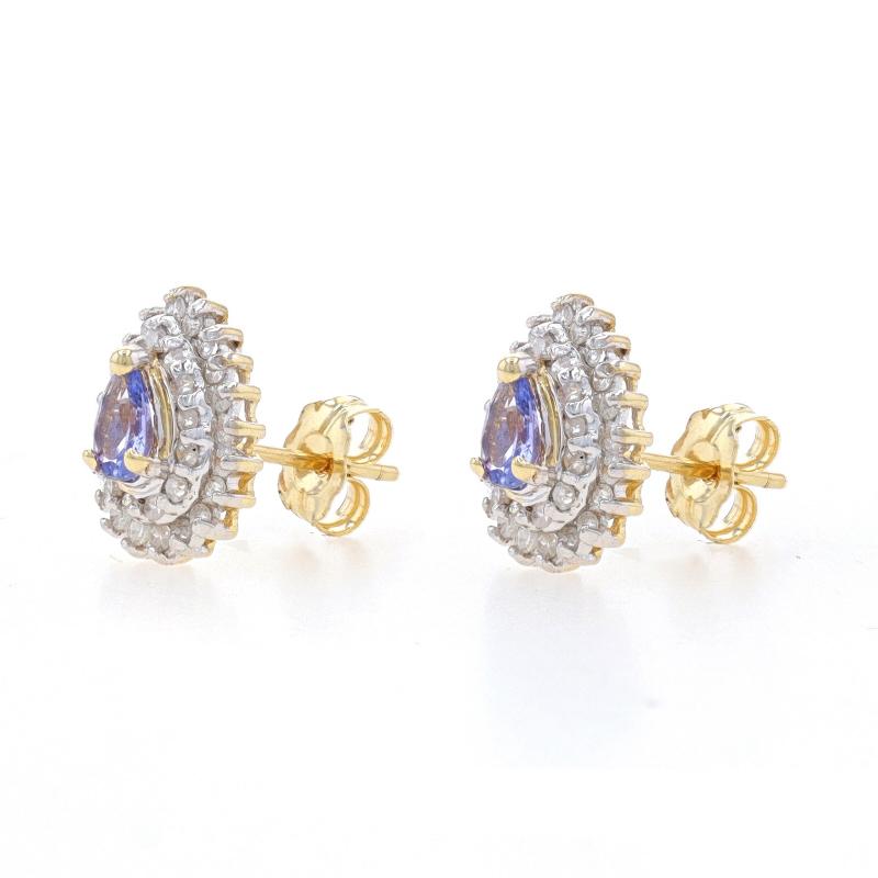Pear Cut Yellow Gold Tanzanite & Diamond Halo Stud Earrings - 10k Pear .62ctw Pierced For Sale