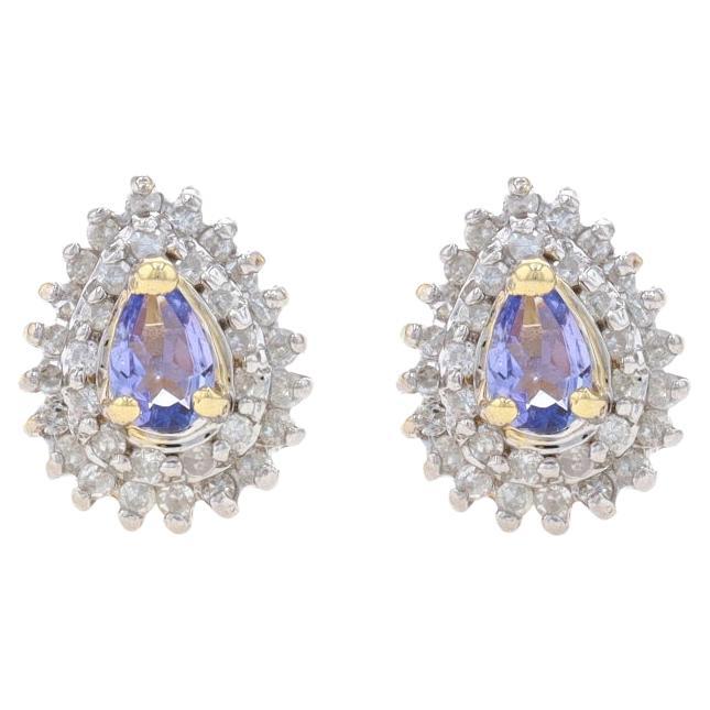 Yellow Gold Tanzanite & Diamond Halo Stud Earrings - 10k Pear .62ctw Pierced