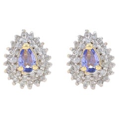 Yellow Gold Tanzanite & Diamond Halo Stud Earrings - 10k Pear .62ctw Pierced