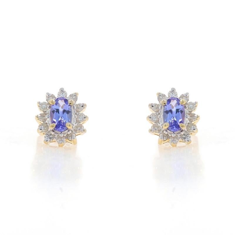 Yellow Gold Tanzanite & Diamond Halo Stud Earrings 14k Oval.64ctw Floral Pierced In Excellent Condition For Sale In Greensboro, NC