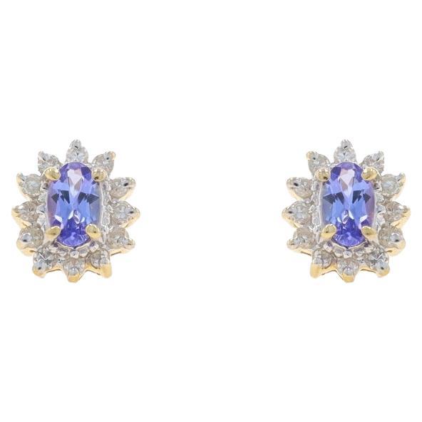 Yellow Gold Tanzanite & Diamond Halo Stud Earrings 14k Oval.64ctw Floral Pierced For Sale