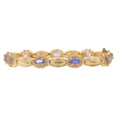Yellow Gold Tanzanite Diamond Link Bracelet 6 3/4" -14k Oval 4.35ctw Floral Halo