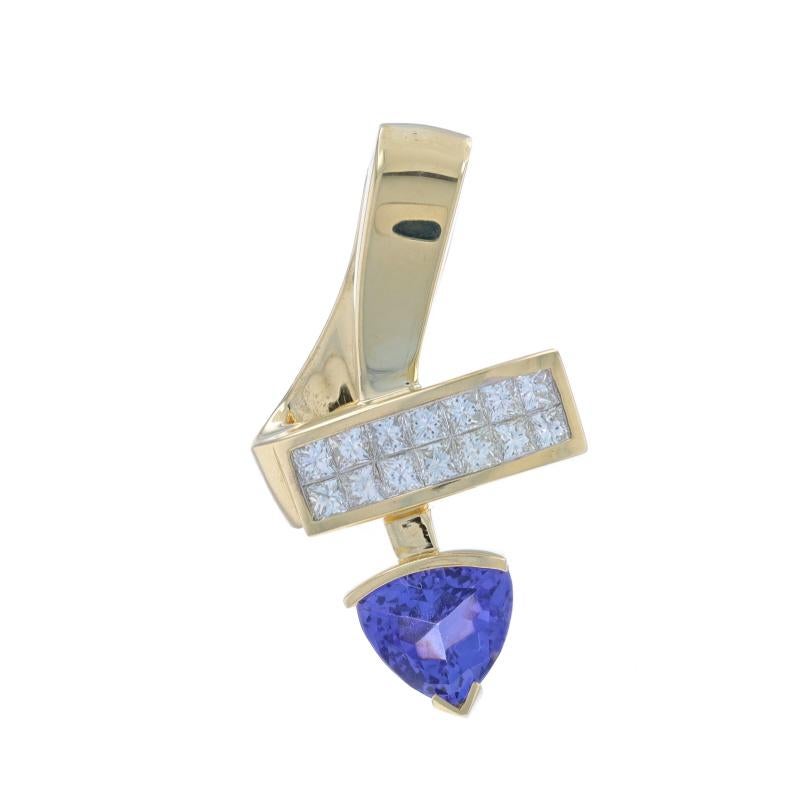 Metal Content: 14k Yellow Gold

Stone Information

Natural Tanzanite
Treatment: Routinely Enhanced
Carat(s): 2.05ct
Cut: Trillion
Color: Purple

Natural Diamonds
Carat(s): .70ctw
Cut: Princess
Color: I - J
Clarity: VS1 - SI1
Stone Note: Invisible