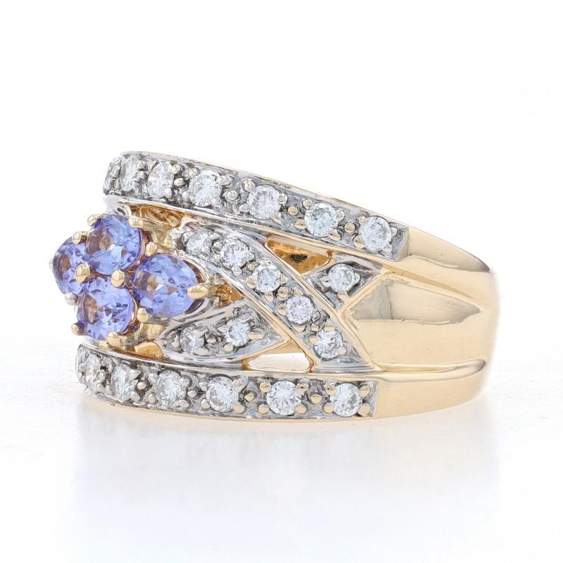 Oval Cut Yellow Gold Tanzanite & Diamond Ring - 14k Oval 1.30ctw Floral Lattice Cluster For Sale