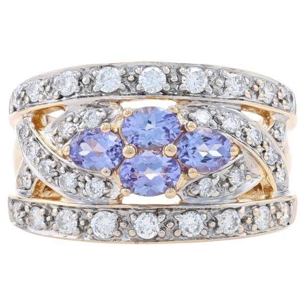 Yellow Gold Tanzanite & Diamond Ring - 14k Oval 1.30ctw Floral Lattice Cluster For Sale