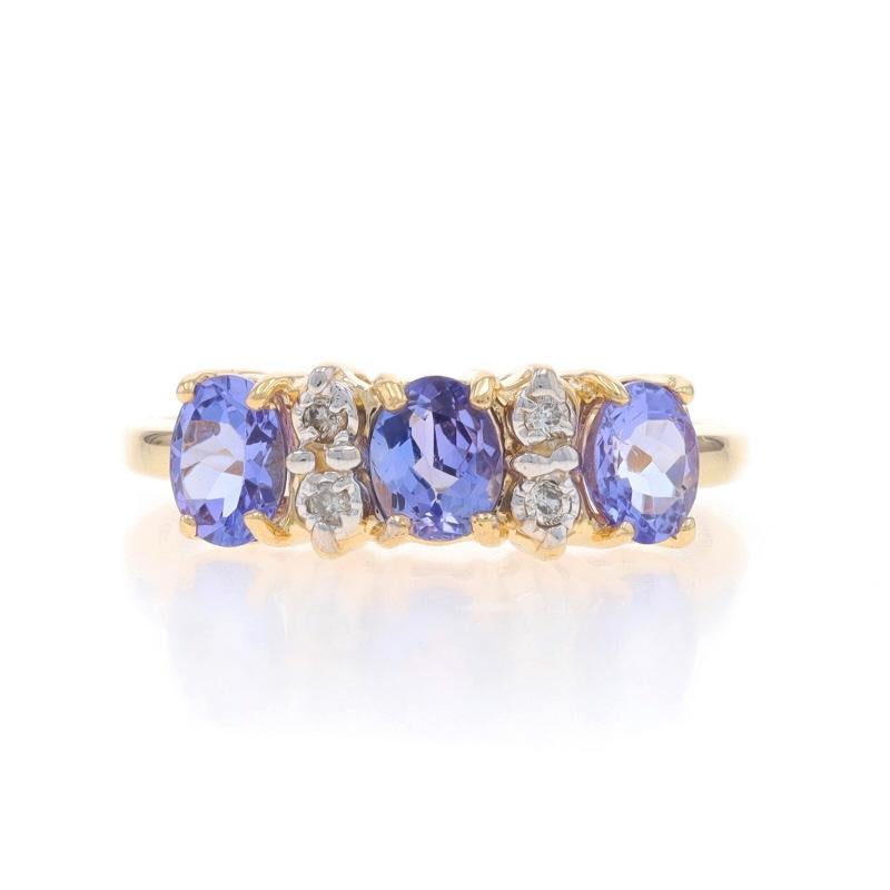 Size: 6 1/2
Sizing Fee: Up 2 sizes for $35 or Down 1 1/2 sizes for $35

Metal Content: 14k Yellow Gold & 14k White Gold

Stone Information

Natural Tanzanites
Treatment: Routinely Enhanced
Carat(s): .90ctw
Cut: Oval
Color: Purple

Natural