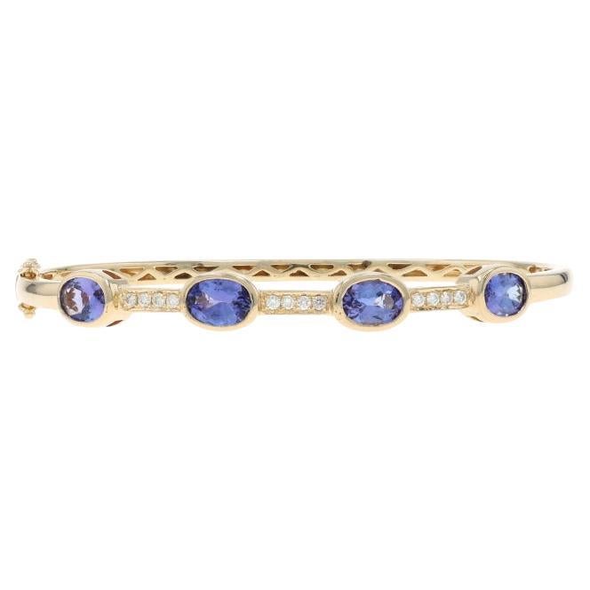 Yellow Gold Tanzanite Diamond Station Bangle Bracelet 6 3/4" - 14k Oval 3.90ctw For Sale