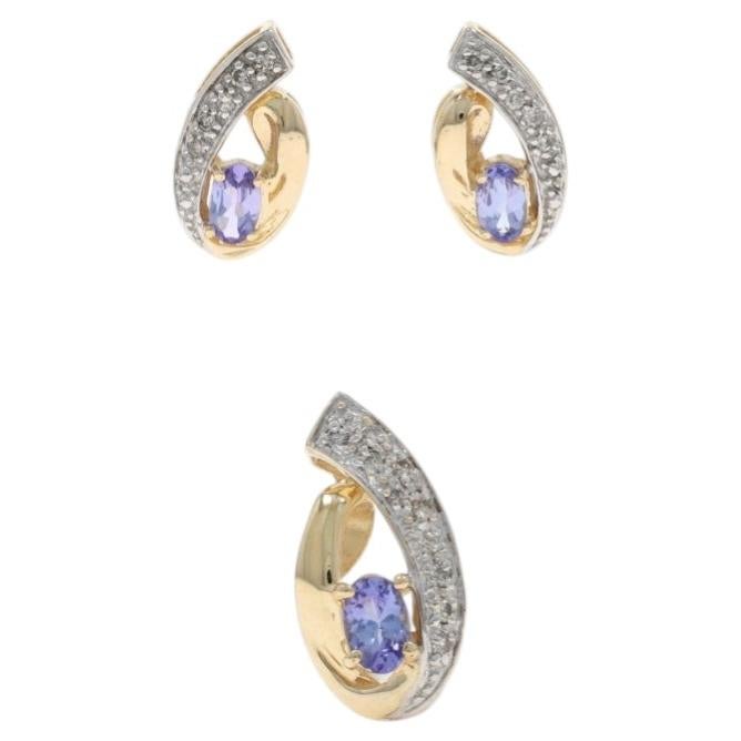 Yellow Gold Tanzanite Diamond Teardrop Stud Earrings & Pendant 14k Oval .96ctw For Sale