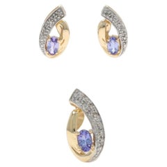 Yellow Gold Tanzanite Diamond Teardrop Stud Earrings & Pendant 14k Oval .96ctw