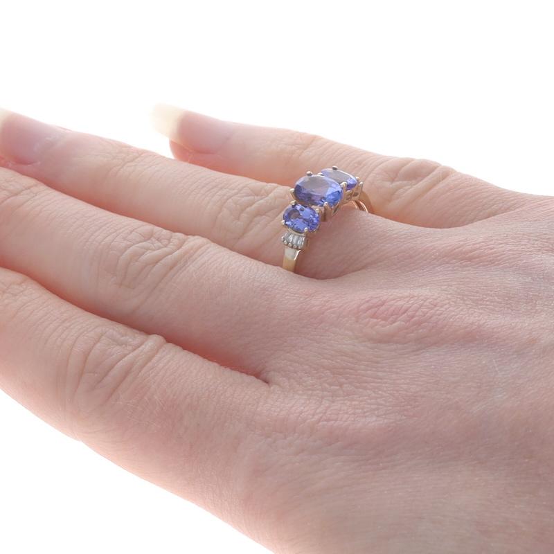 Yellow Gold Tanzanite & Diamond Three-Stone Ring - 14k Oval 2.02ctw In Excellent Condition For Sale In Greensboro, NC