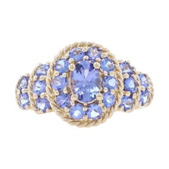 Vintage Yellow Gold Tanzanite Flower Halo Ring, 14k Oval Cut 1.60ctw Rope Border