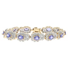 Yellow Gold Tanzanite Halo Link Bracelet 6 1/4" - 14k Oval 5.40ctw Flowers