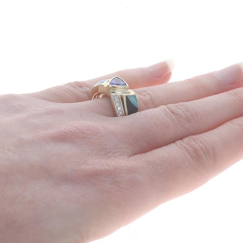 Women's Yellow Gold Tanzanite, Opal, & Onyx Ring - 14k Trillion 1.24ctw For Sale