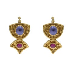 Yellow Gold Tanzanite Ruby Short Drop Earrings - 18k 22k Rd Cab .84ctw Pierced