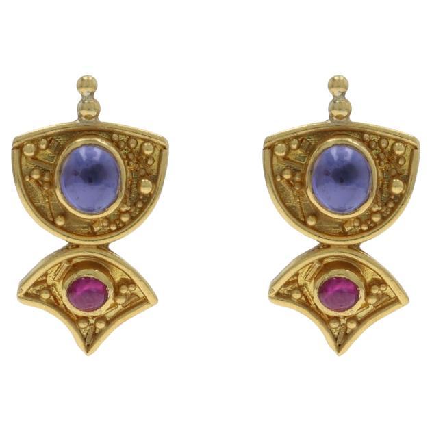 Yellow Gold Tanzanite Ruby Short Drop Earrings - 18k 22k Rd Cab .84ctw Pierced For Sale
