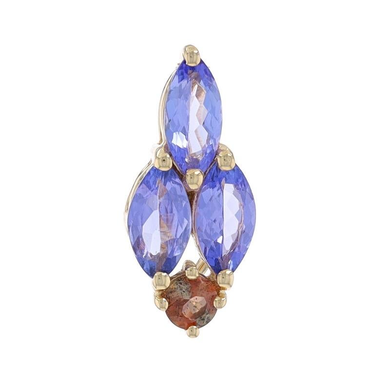 Metal Content: 10k Yellow Gold

Stone Information

Natural Tanzanites
Treatment: Routinely Enhanced
Carat(s): .50ctw
Cut: Marquise
Color: Purple

Natural Smoky Quartz
Carat(s): .06ct
Cut: Round
Color: Brown

Total Carats: .56ctw

Style: