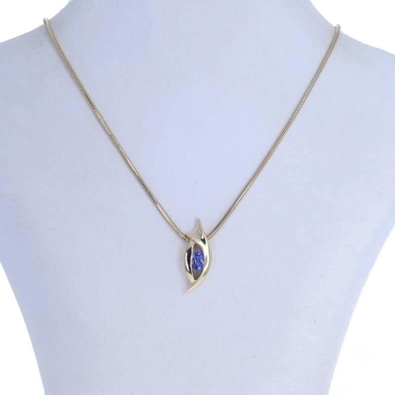 Metal Content: 14k Yellow Gold

Stone Information

Natural Tanzanite
Treatment: Routinely Enhanced
Carat(s): .90ct
Cut: Oval
Color: Purple

Total Carats: .90ct

Style: Solitaire
Chain Style: Diamond Cut Snake
Necklace Style: Chain
Fastening Type:
