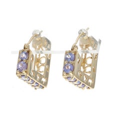 Yellow Gold Tanzanite Square Hoop Earrings - 14k Round 1.20ctw Pierced