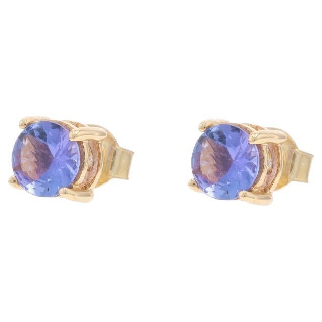 Yellow Gold Tanzanite Stud Earrings - 10k Round 1.50ctw Pierced For Sale