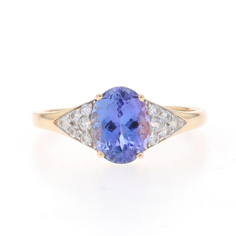 Size: 8 1/4
Sizing Fee: Up 2 sizes for $40 or Down 1 size for $30

Metal Content: 14k Yellow Gold & 14k White Gold

Stone Information

Natural Tanzanite
Treatment: Routinely Enhanced
Carat(s): 1.89ct
Cut: Oval
Color: Purple

Natural White
