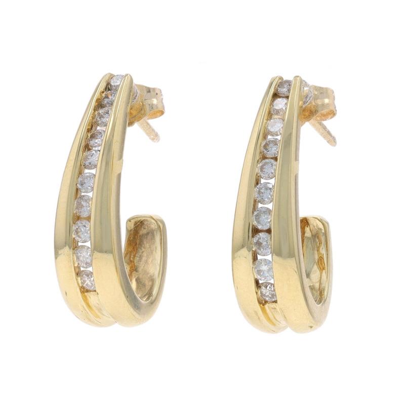 Metal Content: 14k Yellow Gold

Carat(s): .50ctw
Cut: Round Brilliant
Color: H - I
Clarity: SI2 - I1

Total Carats: .50ctw

Style: Tapered J-Hook
Fastening Type: Butterfly Closures
Features: Channel Set Stones

Measurements

Tall: 25/32