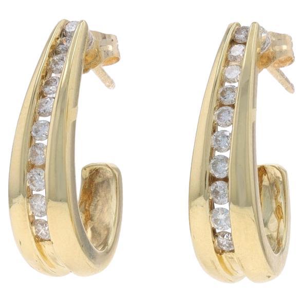 Yellow Gold Tapered J-Hook Earrings - 14k Round .50ctw Channel Set Pierced