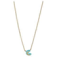 Yellow Gold  Teal Enamel Mini Initial C Pendant