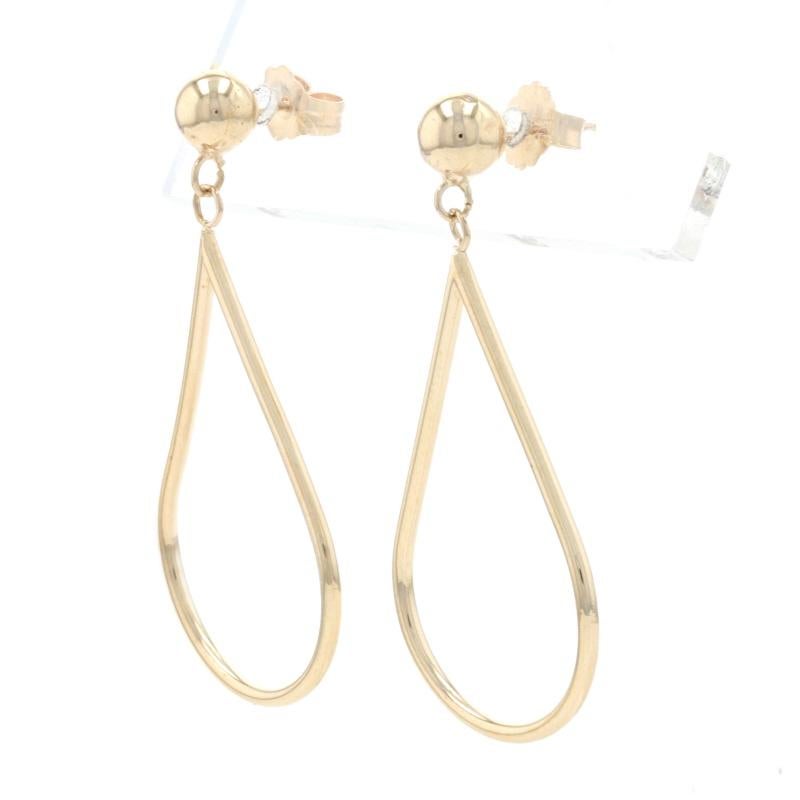 Metal Content: 14k Yellow Gold

Style: Dangle 
Fastening Type: Butterfly Closures
Theme: Teardrop

Measurements
Tall: 1 17/32