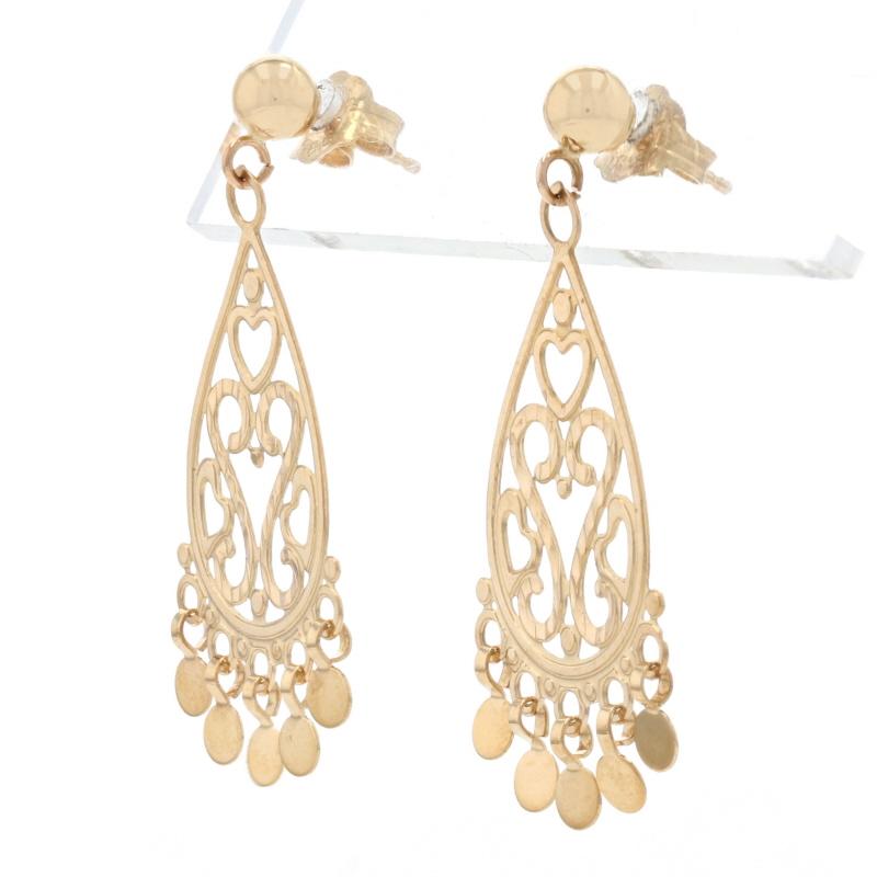 Brand: Michael Anthony

Metal Content: 14k Yellow Gold

Style: Chandelier 
Fastening Type: Butterfly Closures
Theme: Teardrop Scroll

Measurements
Tall: 1 5/16