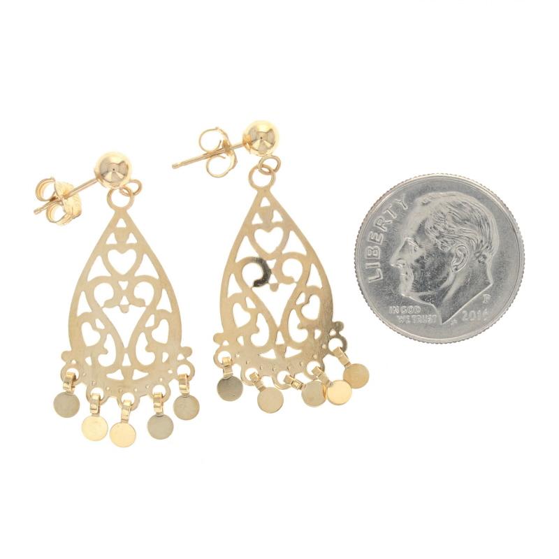 Yellow Gold Teardrop Scroll Chandelier Earrings, 14k Pierced In Excellent Condition In Greensboro, NC