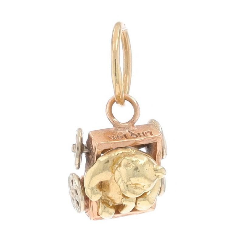 Metal Content: 14k Yellow Gold, 14k White Gold, & 14k Rose Gold

Theme: Teddy Bear in Box Car, Classic Childhood Toys
Features: Wheels Rotate

Measurements

Tall (from stationary bail): 7/16