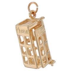 Yellow Gold Telephone Booth Charm - 14k Communication Door Moves