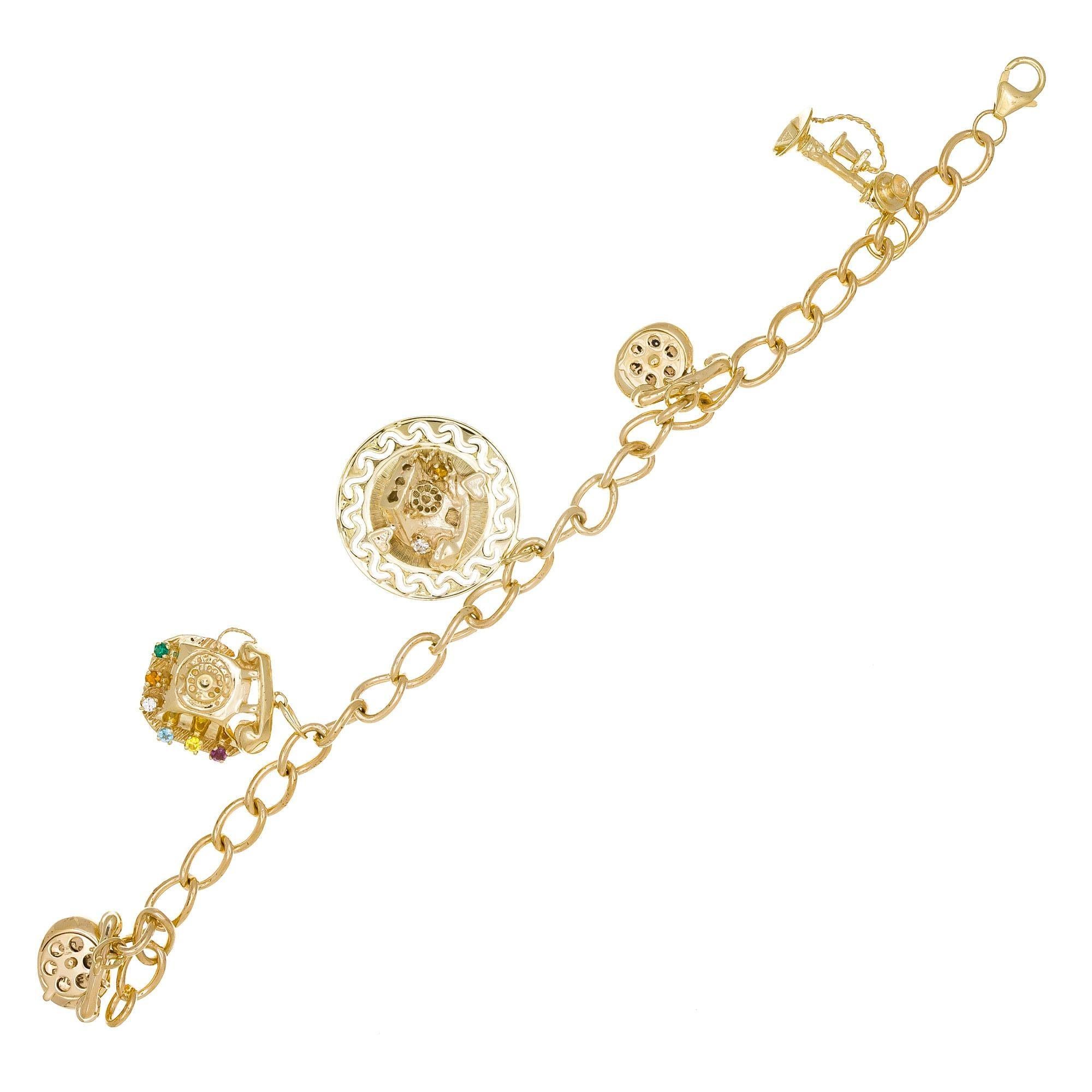 Yellow Gold Telephone Charm Link Bracelet For Sale 1